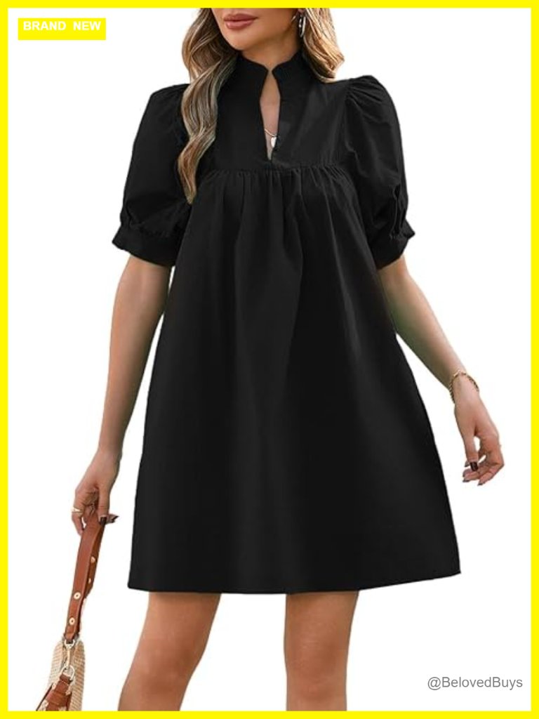 Ruffle Collar High Neck Mini Dress Puff Sleeve Cotton Babydoll Dress With